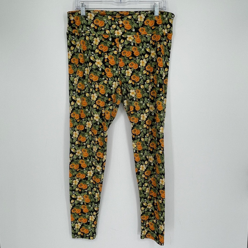 LuLaRoe Women's Black Orange Floral Print Stretch Tall Curvy Leggings Size TC 2X